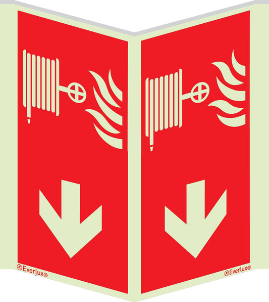 Brandschutzzeichen Winkelschild Löschschlauch-Pfeil unten ISO 7010